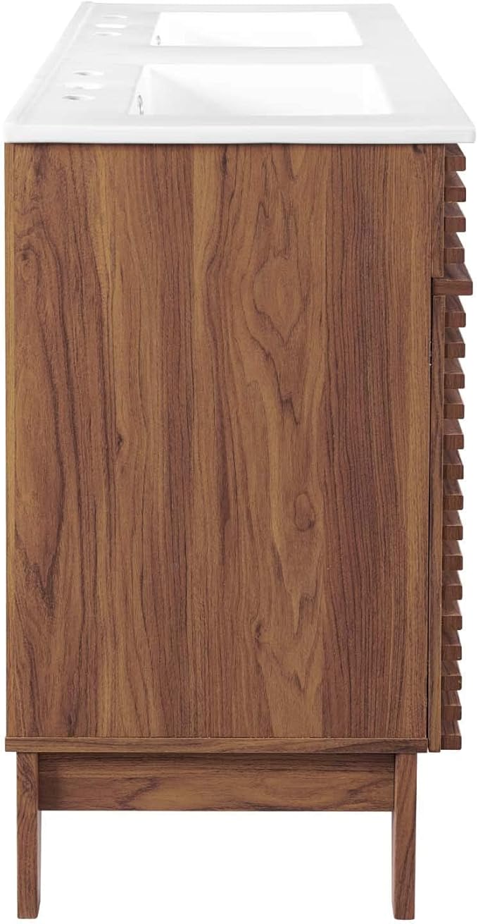 Pemberly Row 48" Modern Wood Double Sink Bathroom Vanity, Walnut/White Finish, MDF and Particleboard Construction, Ceramic Sink Basin, Mid-Century Style, Tapered Legs, Ample Storage for Bathroom Use