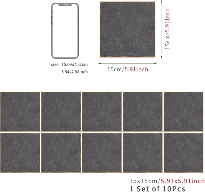 Alwayspon Stone Effect Vinyl Sticker Peel and Stick, Self-Adhesive Wall Tile Transfers Backsplash Sticker Decal for Kitchen Bathroom, 6x6inch/15x15cm 10Pcs, T027