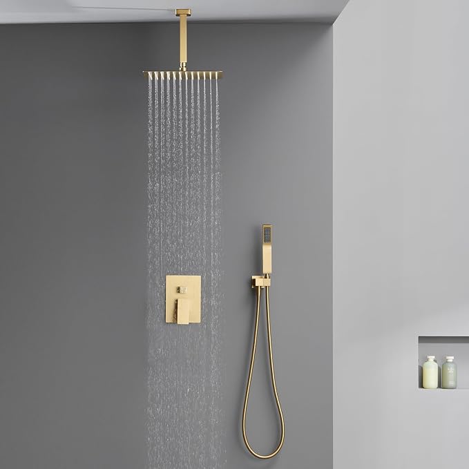 Shower System 12 Inches Rain Shower Combo Set Brushed Gold Ceiling Mount Shower Faucet Bathroom Faucets with Rainfall Shower Head and Hand Shower
