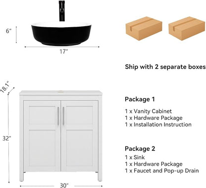 YOURLITE 30" White Bathroom Vanity, 30" White Bathroom Vanity Sink Combo with Black White Ceramic Basin Faucet & Pop Up Drain Set