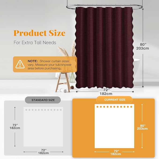 BTTN 80 Inch Shower Curtain, Long Scalloped Boho Linen Textured Heavy Duty Fabric Shower Curtain Set with 12 Hooks, Tall Modern Farmhouse Rustic Waterproof Shower Curtains for Bathtub, 72x80, Burgundy