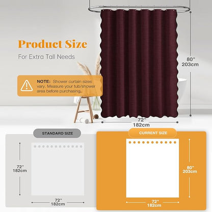 BTTN 80 Inch Shower Curtain, Long Scalloped Boho Linen Textured Heavy Duty Fabric Shower Curtain Set with 12 Hooks, Tall Modern Farmhouse Rustic Waterproof Shower Curtains for Bathtub, 72x80, Burgundy