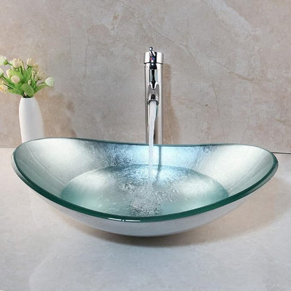 22" Bathroom Vessel Sink Oval Silver Washing Basin Bowl | Artistic Tempered Glass, Oval Vessel Sink, Above Counter, Chrome Faucet and Pop-up Drain Combo