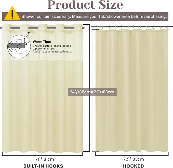 SORTTO No Hook Slub Shower Curtain with Liner, 71x74, Sand | Snap in Liner, 3 in 1, Bamboo Texture, Hotel Style, Waterproof Fabric, Mesh Top Window, Corner Magnets, Machine Washable