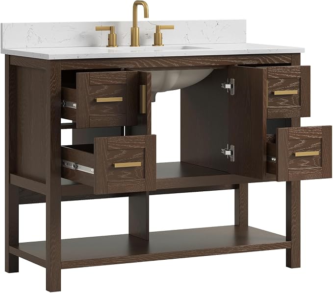 42 Inch Bathroom Vanity with Sink, Fully-Assembled, Walnut | Farmhouse Bathroom Vanity Cabinet with Solid Wood Frame, Soft-Close Drawers & Open Shelf, Ceramic Sink & Backsplash