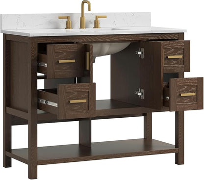 42 Inch Bathroom Vanity with Sink, Fully-Assembled, Walnut | Farmhouse Bathroom Vanity Cabinet with Solid Wood Frame, Soft-Close Drawers & Open Shelf, Ceramic Sink & Backsplash