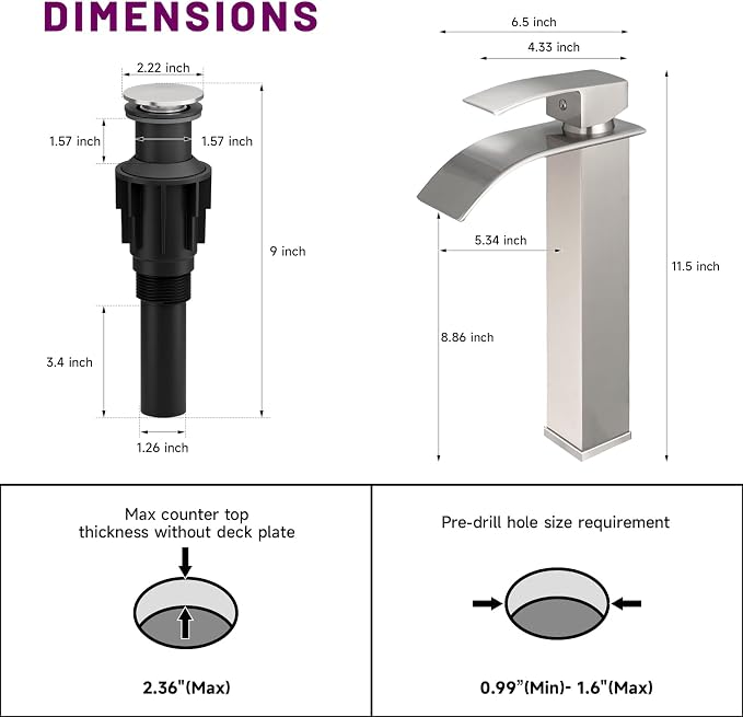 Waterfall Bathroom Faucet Brushed Nickel Stainless Steel Vessel Sink Faucet | Single Handle One Hole Deck Mount,Bowl Vanity Sink Faucet,with Pop-up Drain Stopper and Supply Hose,Lead-Free by Bathfinesse