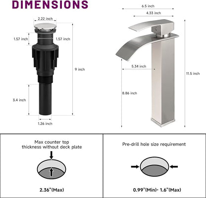 Waterfall Bathroom Faucet Brushed Nickel Stainless Steel Vessel Sink Faucet | Single Handle One Hole Deck Mount,Bowl Vanity Sink Faucet,with Pop-up Drain Stopper and Supply Hose,Lead-Free by Bathfinesse