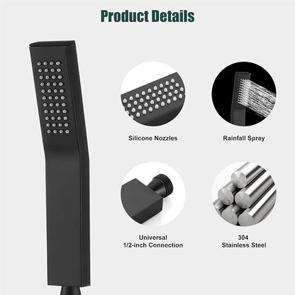 Heyalan Hand-held Shower Head Set-SUS304 Handheld Shower,Matte Black | SUS304 stainless steel wand, curved-style design, single rain spray, 59-inch long hose and standard 1/2-inch connection