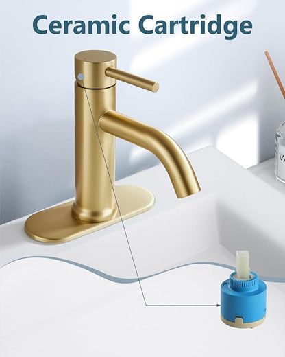Aolemi Bathroom Faucet Single Hole,Single Handle Bathroom Sink Faucet with Supply Lines,with Pop Up Drain Assembly and Deck Plate,Brushed Gold