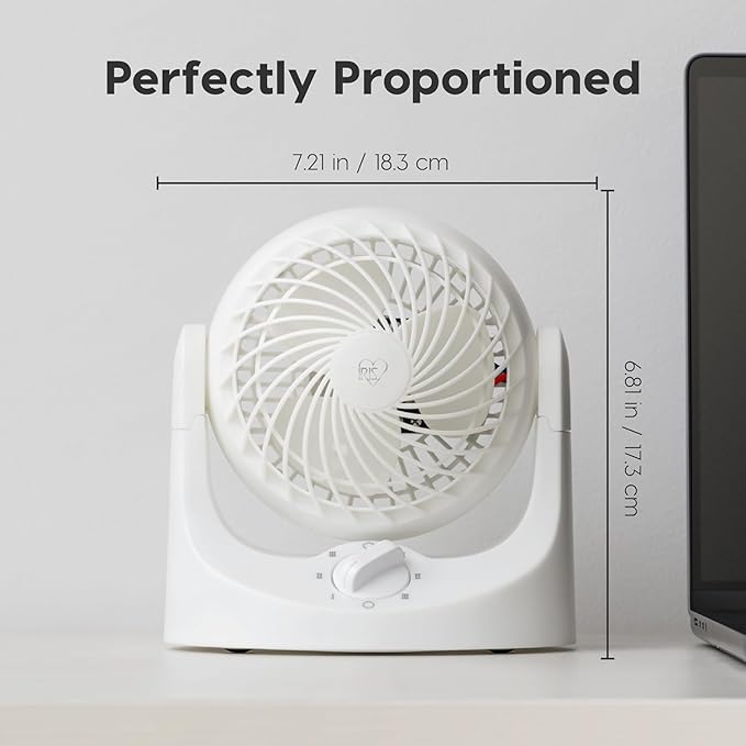 IRIS USA WOOZOO Desk Fan, Air Circulator, 3 Speeds, 32ft Max Air Distance, 112° Adjustable Tilt, 27.5db Quiet Motor, Small Fan for Bedroom, Office, Dorm, White