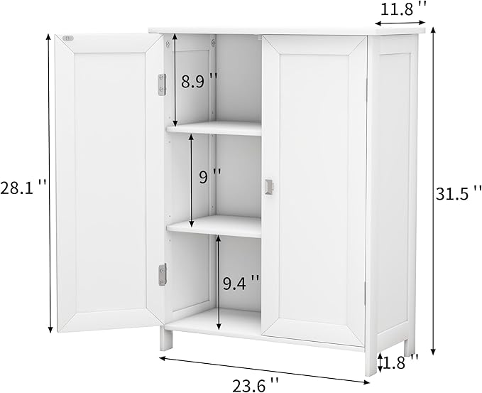 Bathroom Cabinet with Adjustable Shelf Freestanding Storage Cabinet with 2 Doors Wooden Organizer Floor for Bathroom Kitchen and Living Room (White, 2 Doors)