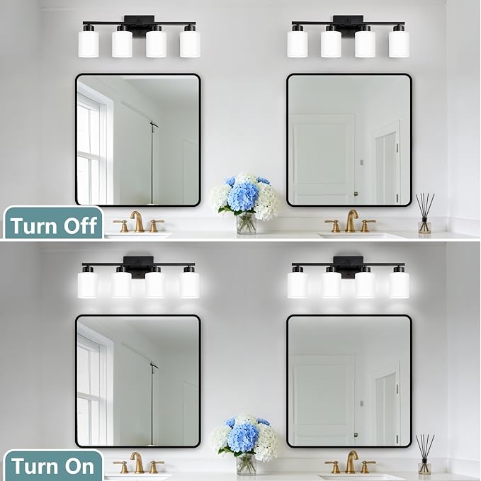 Black Bathroom Light Fixtures, 4-Light Modern Vanity Lights with Milky White Frosted Glass Shades, Wall Sconces for Mirror, Bathroom, Restroom (E26 Socket)