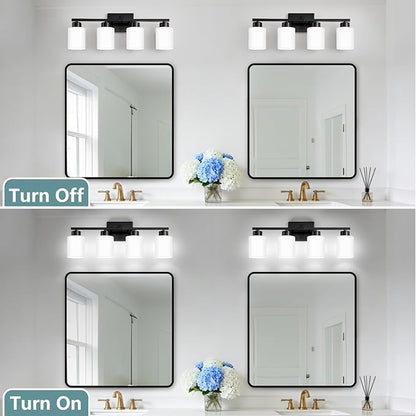 Black Bathroom Light Fixtures, 4-Light Modern Vanity Lights with Milky White Frosted Glass Shades, Wall Sconces for Mirror, Bathroom, Restroom (E26 Socket)