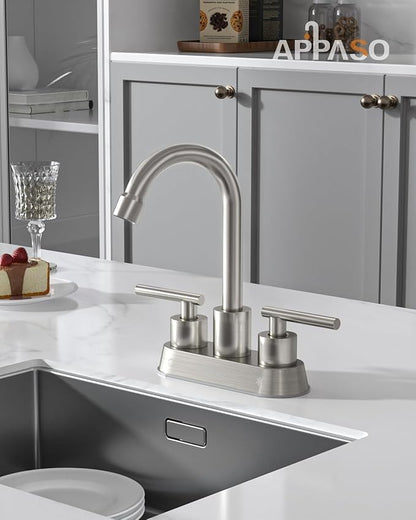 APPASO Bar Sink Faucet 4 Inch Centerset, 2 Hole Brushed Nickel with Dual Handles, 2 Handle Bathroom Faucet Small, Stainless Steel for Wet Bar Bathroom Utility Laundry Room Sink 2-Hole or 3 Holes