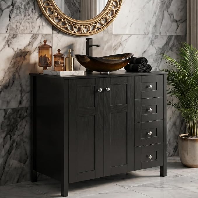 32'' Bathroom Vanity with Sink, Modern Bathroom Cabinet, Black | 2 Soft-Close Cabinet Doors, 4 Drawers, 2-Tier Inner Shelf, Freestanding Large Storage Cabinet, Gold Boat Glass Sink