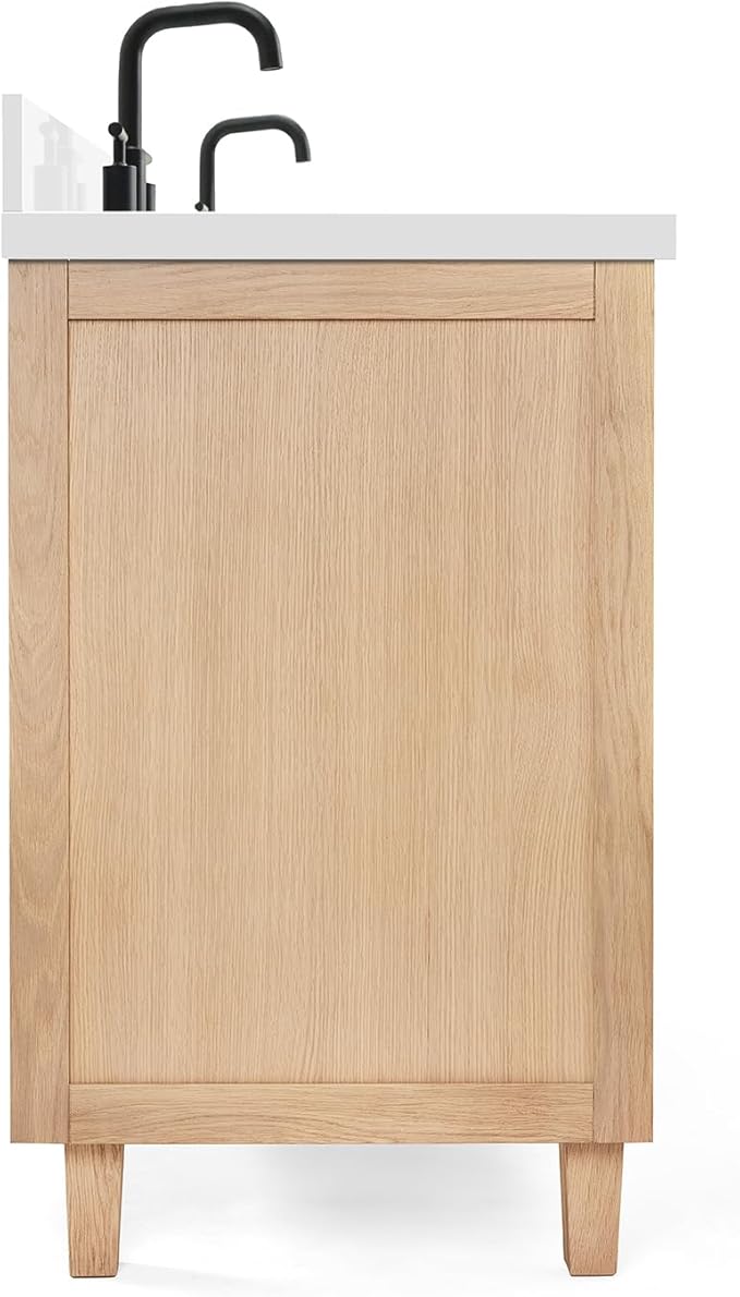 ARIEL Monroe 72-inch Bathroom Vanity with Sink,Solid Wood, 1.5-inch Pure White Quartz Countertop & Backsplash, Double Oval Porcelain Sink, 9 Dovetail Drawers, Matte Black, White Oak