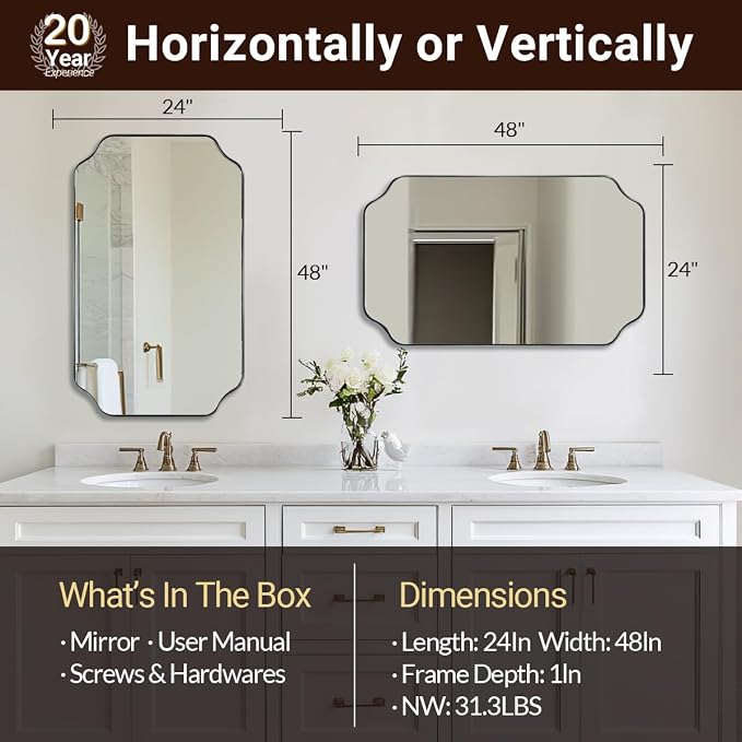 24"x48" Large Bathroom Mirror, Chrome Scalloped Wall Mirror, Polished Nickel Rectangle Mirror, Bathroom Vanity Mirror in Anti-Rust Stainless Steel Metal Frame, Vertically/Horizontally