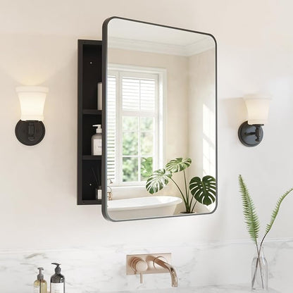Medicine Cabinet Mirror 20x26 Inch, Black Bathroom Mirror Cabinet with Stepless Adjustable Shelves, Rounded Rectangle Metal Framed, Bathroom Mirror with Storage Recessed or Wall Mount