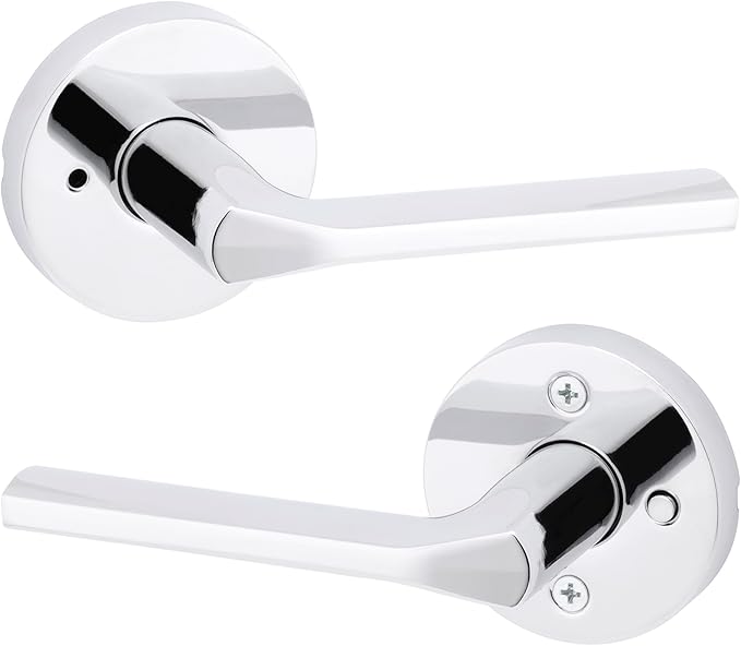 Kwikset Lisbon Interior Privacy Door Handle with Lock, Round Lever for Bathroom and Bedroom, Polished Chrome Reversible Keyless Push Button Lock Door Lever