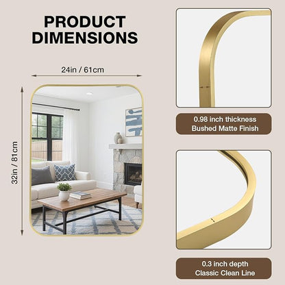 24"x32" Bathroom Mirror for Over Sink, Brushed Gold Rectangle Vanity Mirror | Aluminum Alloy Frame, Clear Reflection, Rust-Resistant, Vertical or Horizontal, Wall Mount, Bedroom and Entryway