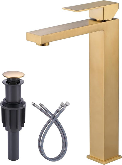 ARCORA Vessel Sink Faucet Brushed Gold, Single Handle Tall Bathroom Faucet, Single Hole Lavatory Vanity Mixer Tap with Pop Up Drain and Supply Lines