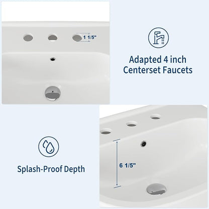 Elegant Square Pedestal Sink with 8-Inch Widespread Faucet Configuration – High-Gloss Ceramic Bathroom Vanity Basin, Sturdy Column Support, Versatile Fit for Bath & Luxury Hotel Style Decor