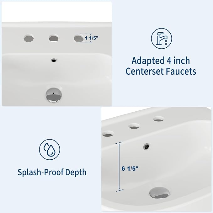 Pedestal Sink, 3 Hole Rectangular Pedestal Sink for 8-Inch Faucets, White Ceramic Freestanding Sink with Overflow and Backsplash, Classic Bathroom Fixture