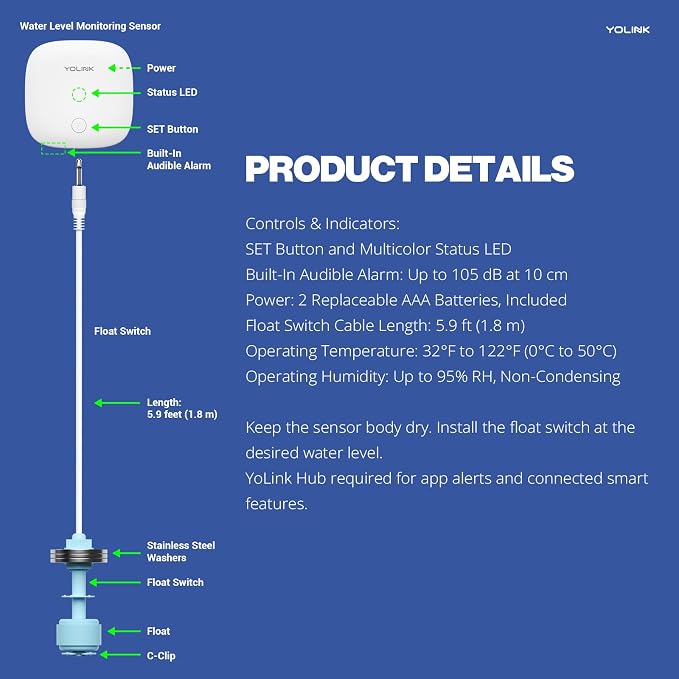 YoLink LoRa Smart Water Level Monitoring Sensor, Wireless Battery-Powered Float Switch Alarm, Sump Pump Alarm, AC Condensate Overflow, Tank Level, Toilet Leak Sensor, 105dB Siren, YoLink Hub Required