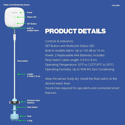 YoLink LoRa Smart Water Level Monitoring Sensor, Wireless Battery-Powered Float Switch Alarm, Sump Pump Alarm, AC Condensate Overflow, Tank Level, Toilet Leak Sensor, 105dB Siren, YoLink Hub Required
