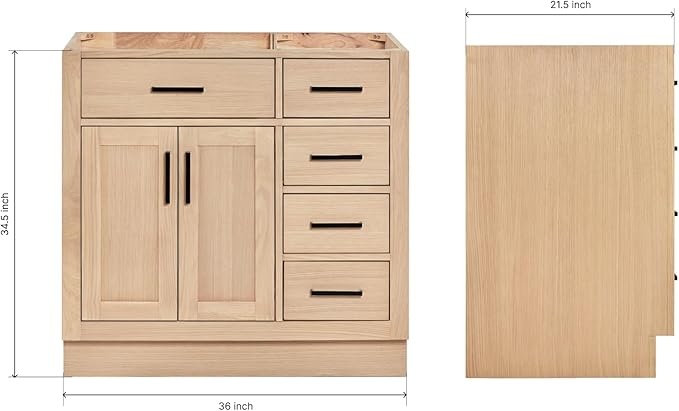 ARIEL Hepburn 36-inch Bathroom Vanity Base Cabinet,Solid Wood, 2 Soft Closing Doors, 5 Dovetail Drawers, White Oak