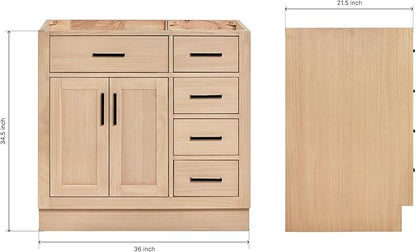 ARIEL Hepburn 36-inch Bathroom Vanity Base Cabinet,Solid Wood, 2 Soft Closing Doors, 5 Dovetail Drawers, White Oak