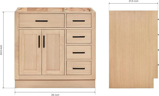 ARIEL Hepburn 36-inch Bathroom Vanity Base Cabinet,Solid Wood, 2 Soft Closing Doors, 5 Dovetail Drawers, White Oak