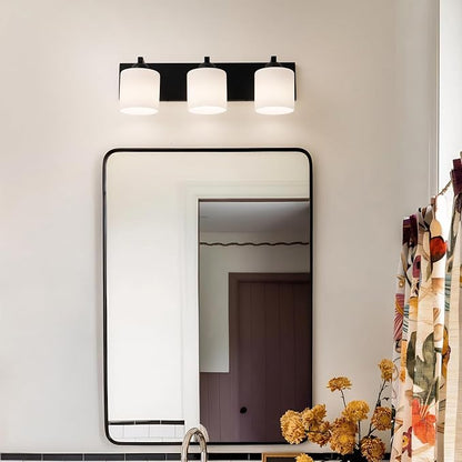mirrea 3-Light Black Bathroom Vanity Light with White Glass Shades | Over Mirror,Wall Sconce,ETL listed,Bathroom Lighting Fixtures,Elegant Design,Milk White Glass Shade,Easy Installation