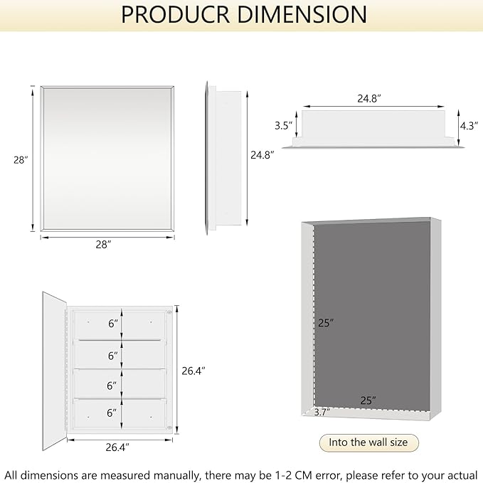 28"x28" Medicine Cabinet,HD Bathroom Mirror Cabinet with Beveled Mirror,Removeable Shelves, Recessed and Surface Mount,Frameless Bathroom Mirror with Storage