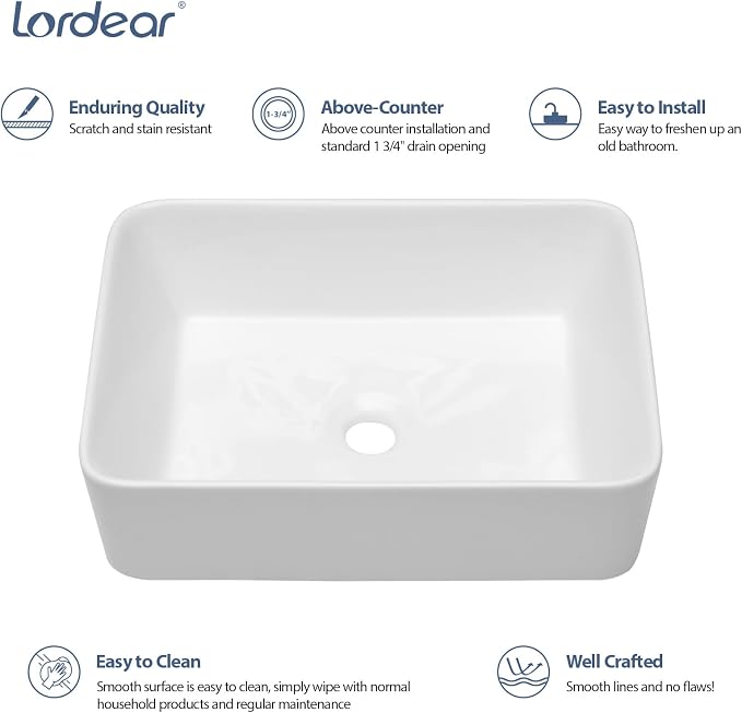 Lordear Vessel Sink Combo 19 x 15 White Bathroom Sink With Faucet Above Counter Rectangle White Ceramic Porcelain Sink with Matte Black Faucet Single Handle Combo