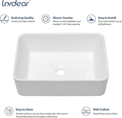 Lordear Vessel Sink Combo 19 x 15 White Bathroom Sink With Faucet Above Counter Rectangle White Ceramic Porcelain Sink with Matte Black Faucet Single Handle Combo