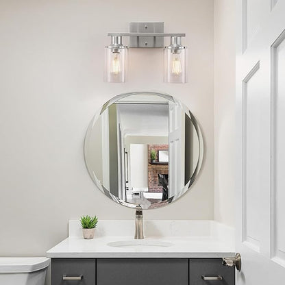 Brushed Nickel Bathroom Light Fixtures Over Mirror,2-Light Bathroom Vanity Light with Clear Glass Shade,Modern Farmhouse Wall Sconces Lighting for Mirror Kitchen Living Room Cabinet