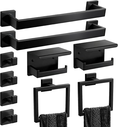 Matte Black Bathroom Hardware Accessories Set, Stainless Steel Towel Racks for Bathroom, 16 Inch Towel Bar, Towel Holders, Updated Toilet Paper Holder with Shelf Wall Mounted(10-Pieces)