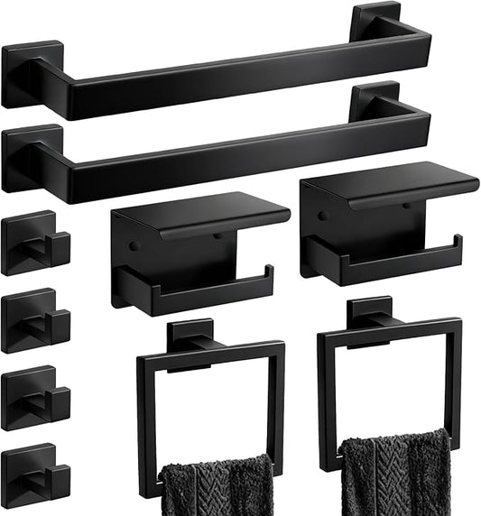 Matte Black Bathroom Hardware Accessories Set, Stainless Steel Towel Racks for Bathroom, 16 Inch Towel Bar, Towel Holders, Updated Toilet Paper Holder with Shelf Wall Mounted(10-Pieces)