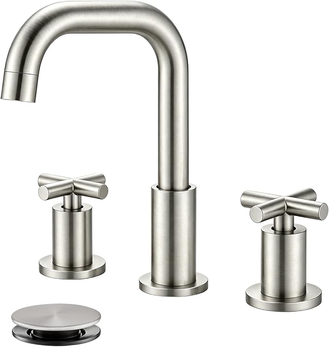 gotonovo Widespread 8 inch 3 Hole Bathroom Sink Faucet Brushed Nickel | 2 Cross Handle Bathroom Faucet,SUS304,360° Swivel Spout,24’’ cUPC Hose,Pop Up Drain,6-16’’ Vanity,Sink,Lavatory,Basin,RV