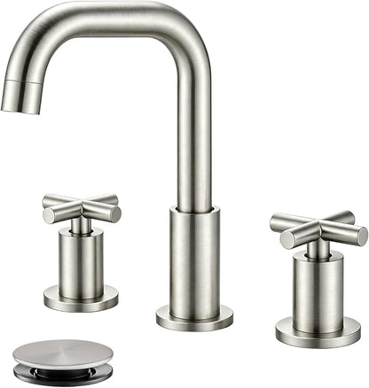gotonovo Widespread 8 inch 3 Hole Bathroom Sink Faucet Brushed Nickel | 2 Cross Handle Bathroom Faucet,SUS304,360° Swivel Spout,24’’ cUPC Hose,Pop Up Drain,6-16’’ Vanity,Sink,Lavatory,Basin,RV