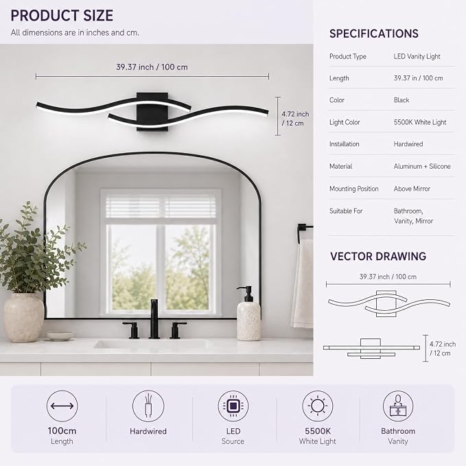 Modern Vanity Lights Dimmable Bathroom Light Fixtures Over Mirror Bathroom LED Vanity Light for Bathroom Living Room (Black,39.37Inch,5500K)