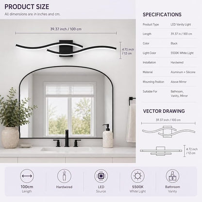 Modern Vanity Lights Dimmable Bathroom Light Fixtures Over Mirror Bathroom LED Vanity Light for Bathroom Living Room (Black,39.37Inch,5500K)