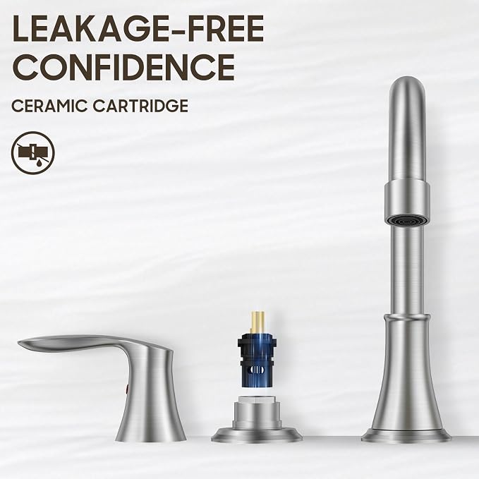 Brushed Nickel Widespread 8 Inch 3 Holes Bathroom Faucet，Two Handles Stainless Steel Bathroom Sink Faucet with Metal Pop-Up Drain and Water Supply Lines, WFTY36-BN