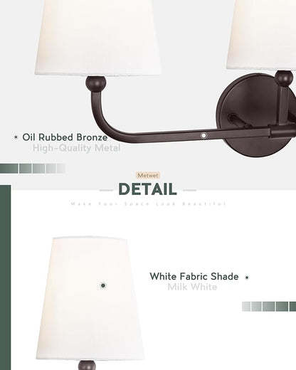 Bathroom Light Fixtures, 4 Light Oil Rubbed Bronze Vanity Lights with Flared White Fabric Shade, 28 Inch Wall Sconce, Vintage Sconces Wall Lighting for Hallway Bedroom, VL837-ORB-4