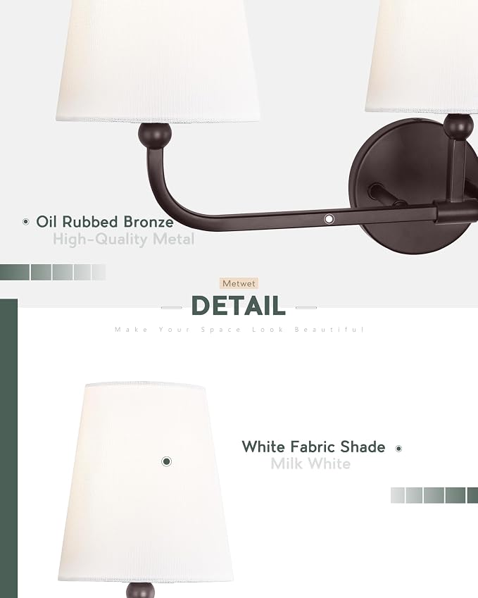 3-Light Oil Rubbed Bronze Bathroom Vanity Light, White Fabric | Ideal for 28-38" mirrors, 24.5" bathroom light fixtures over mirror, upward only, E26 base, bulbs not included, VL837-ORB-3
