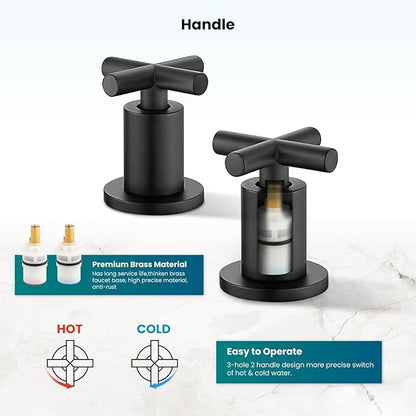 gotonovo 3 Hole Bathroom Faucet 8 inch Widespread Sink Vanity Faucet for Bathroom Sink 2 Cross Handle Deck Mount Basin with Pop Up Drain 360° Swivel Spout Matte Black