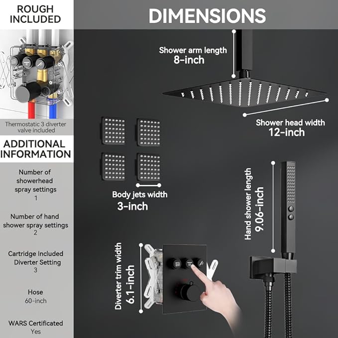 Shower Faucets Sets Matte Black Shower Systems, STARBATH 12" Rain Shower with 2 in 1 Handheld and 4 Body Jets, Can Use All at Once, Ceiling Moun Complete Shower Set with Thermostatic Valve Trim Kit