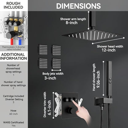Shower Faucets Sets Matte Black Shower Systems, STARBATH 12" Rain Shower with 2 in 1 Handheld and 4 Body Jets, Can Use All at Once, Ceiling Moun Complete Shower Set with Thermostatic Valve Trim Kit